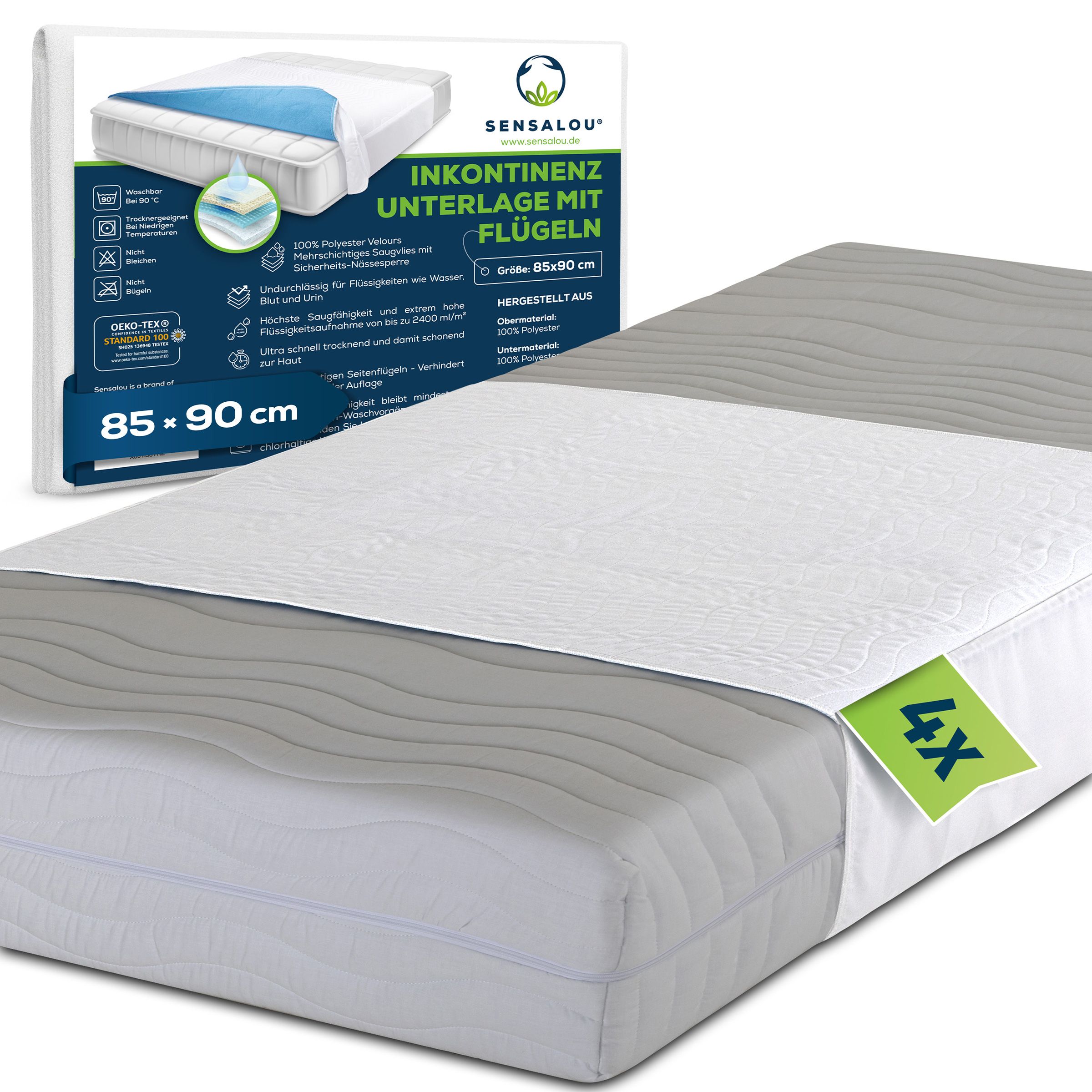 Produktverpackung. Inkontinenzunterlage mit Flügeln, 85x90 cm. Text: Sensalou. 4x. Produkt auf einem Bett. OEKO-TEX Standard 100.