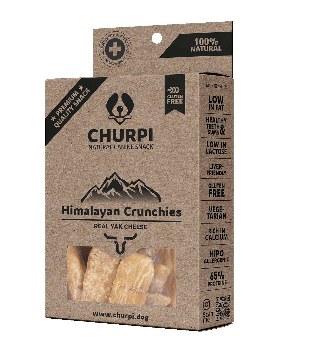 Kartonverpackung mit Käsesnacks für Hunde. Aufschrift: Churpi Himalayan Crunchies, glutenfrei, 65% Proteine. Sichtfenster mit Snacks.