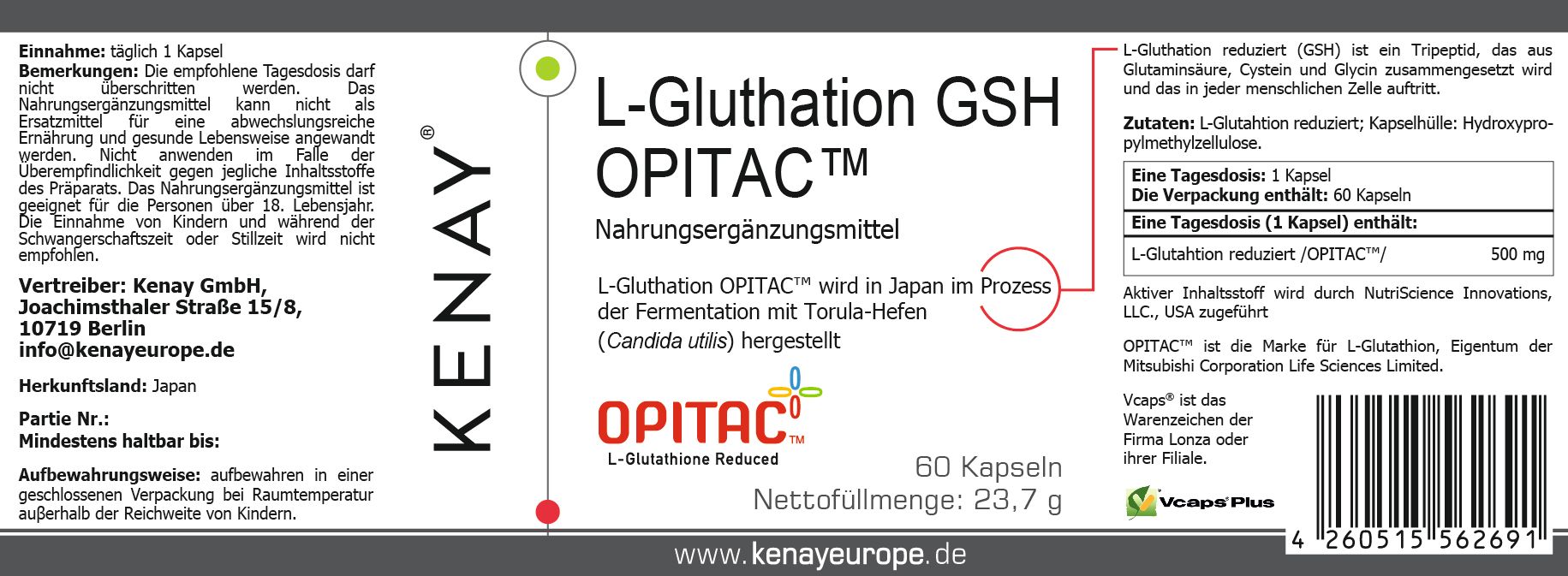 Etikett mit Produktinformationen für L-Gluthation GSH OPITAC™ Kapseln. Enthält Text, Logo KENAY® und Angaben zur Zusammensetzung.