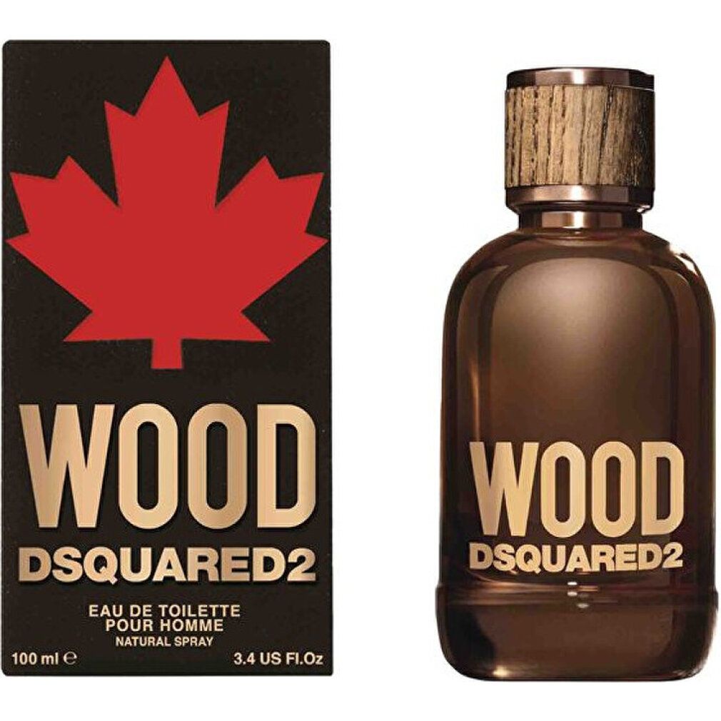 Dsquared2 Wood Eau de Toilette Flakon und Verpackung mit rotem Ahornblatt-Logo.