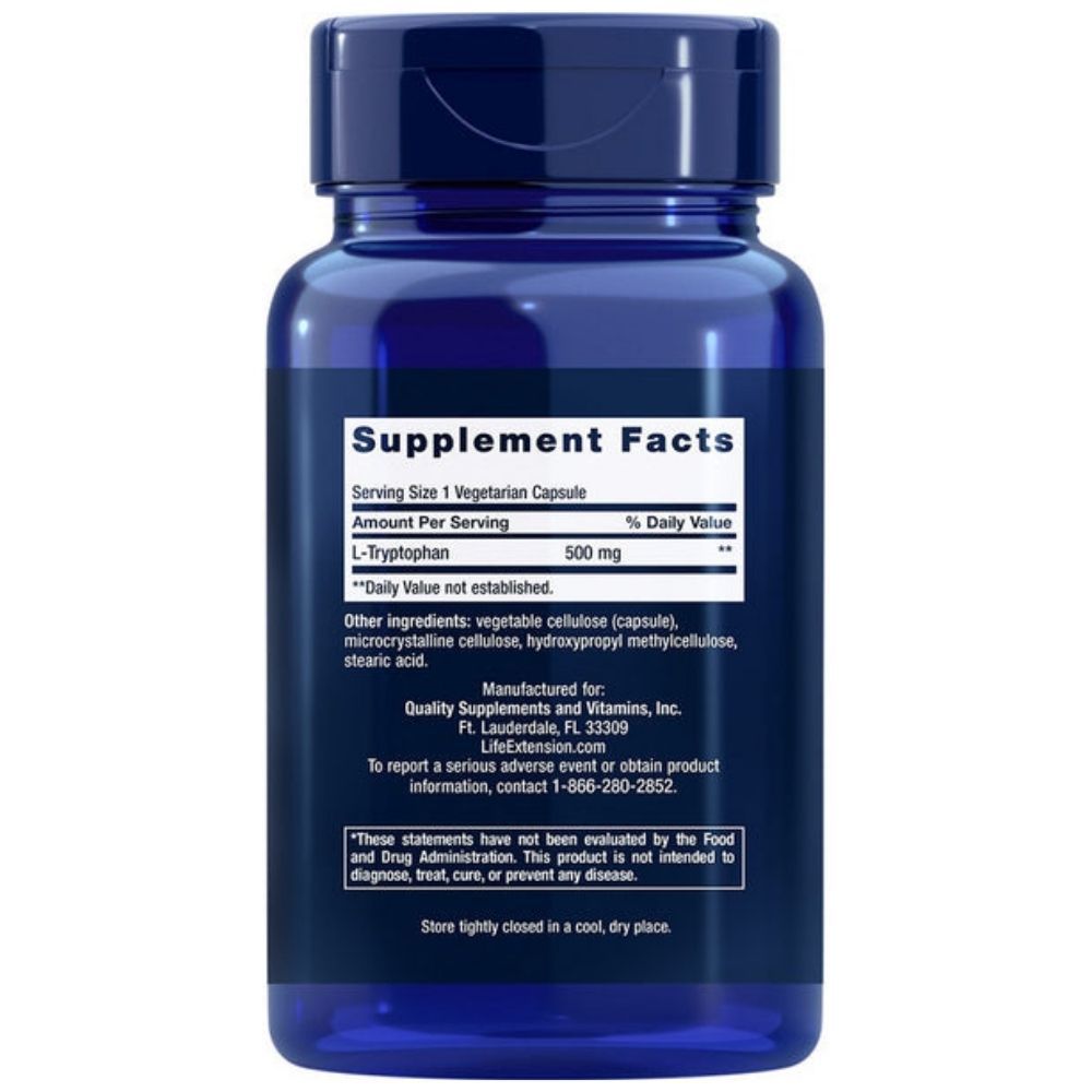 Rückseite der Life Extension L-Tryptophan 500 mg Kapseln. Enthält Nährwertangaben und Inhaltsstoffe.