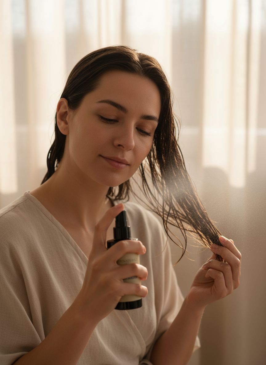 Frau sprüht ihr Haar mit brauner Flasche. Aufschrift: KatriNaturals Rosenwasser.