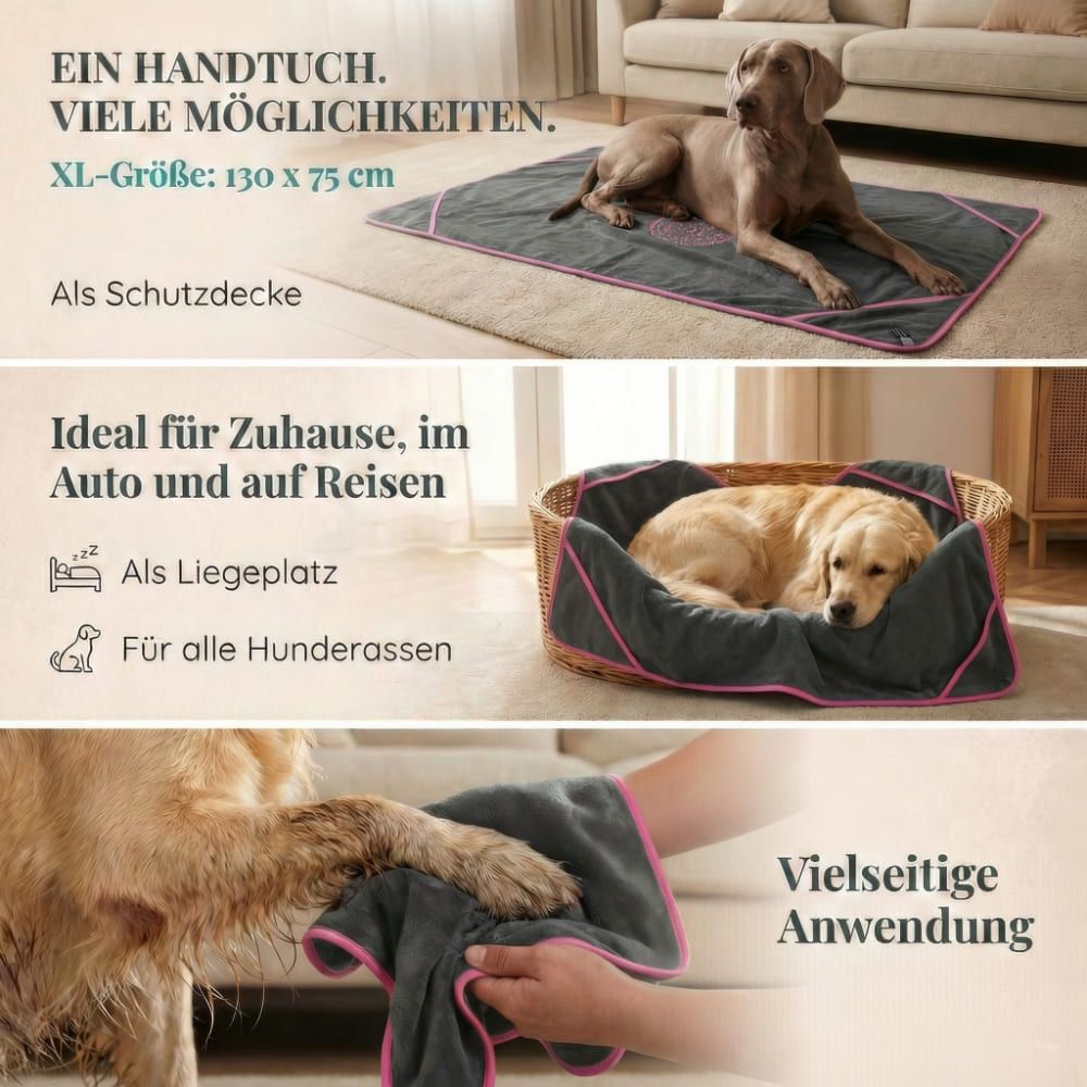 Graues Hundehandtuch mit rosa Einfassung. Text: Ein Handtuch. Viele Möglichkeiten. XL-Größe: 130 x 75 cm. Als Schutzdecke, Liegeplatz, für alle Hunderassen.