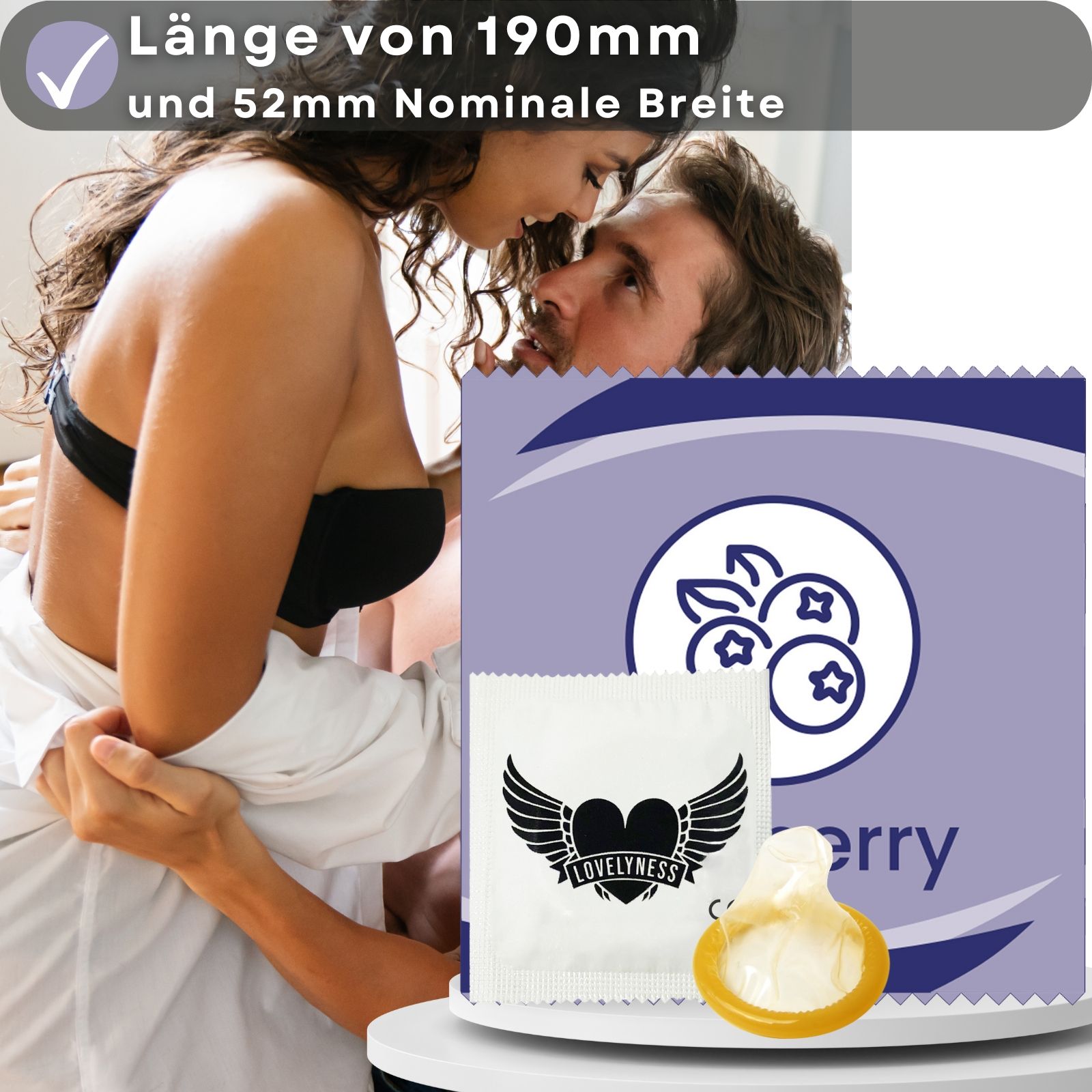 Kondome mit Blaubeere-Geschmack. Länge 190mm, nominale Breite 52mm. Einzeln verpackt.