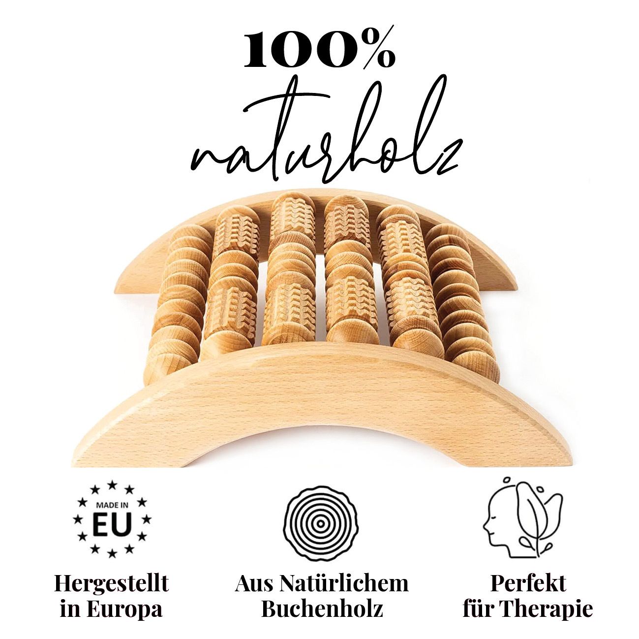 Fußroller aus Holz. Text: 100% Naturholz. Grafiken: EU-Siegel, Holzsymbol, Person. Text: Hergestellt in Europa, aus Buchenholz, perfekt für Therapie.