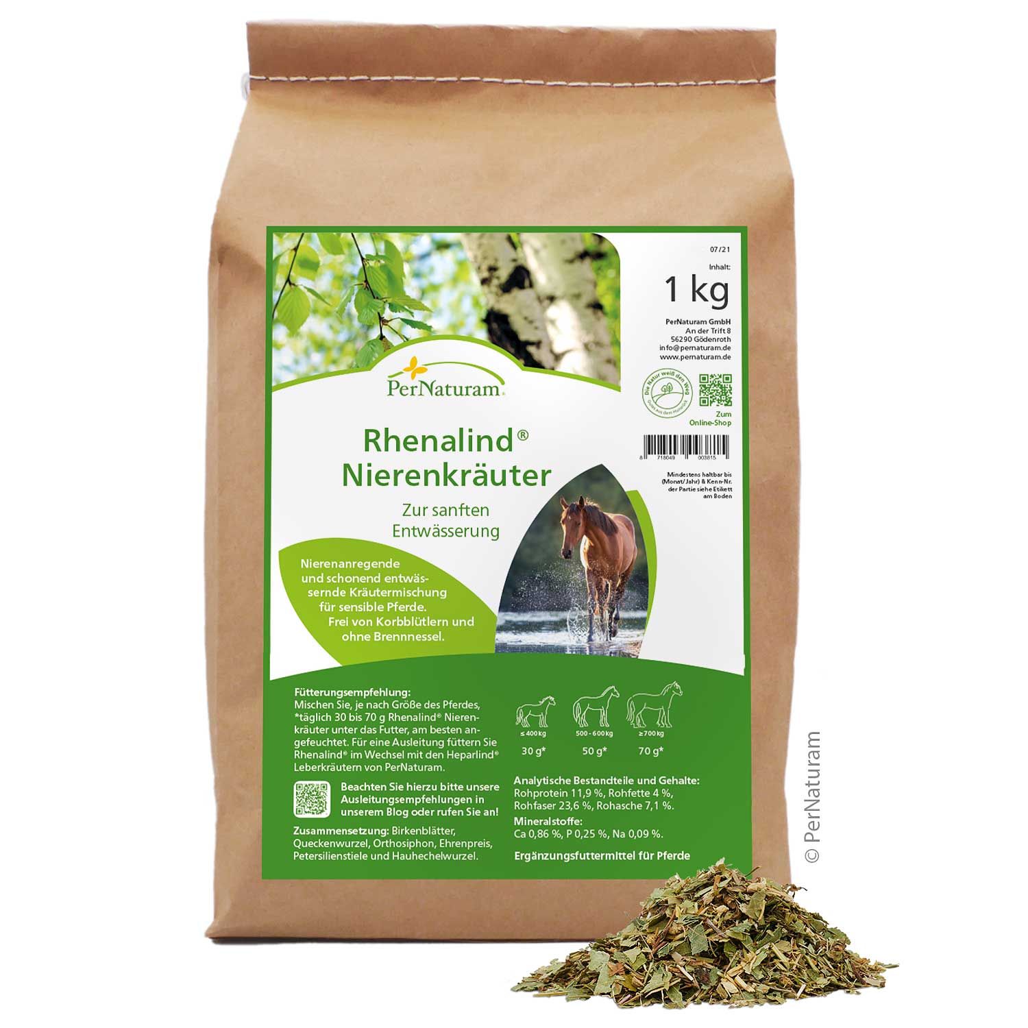 Braune Papiertüte mit Produktetikett. Text: Rhenalind Nierenkräuter, 1 kg. Kräuterhaufen unten rechts.