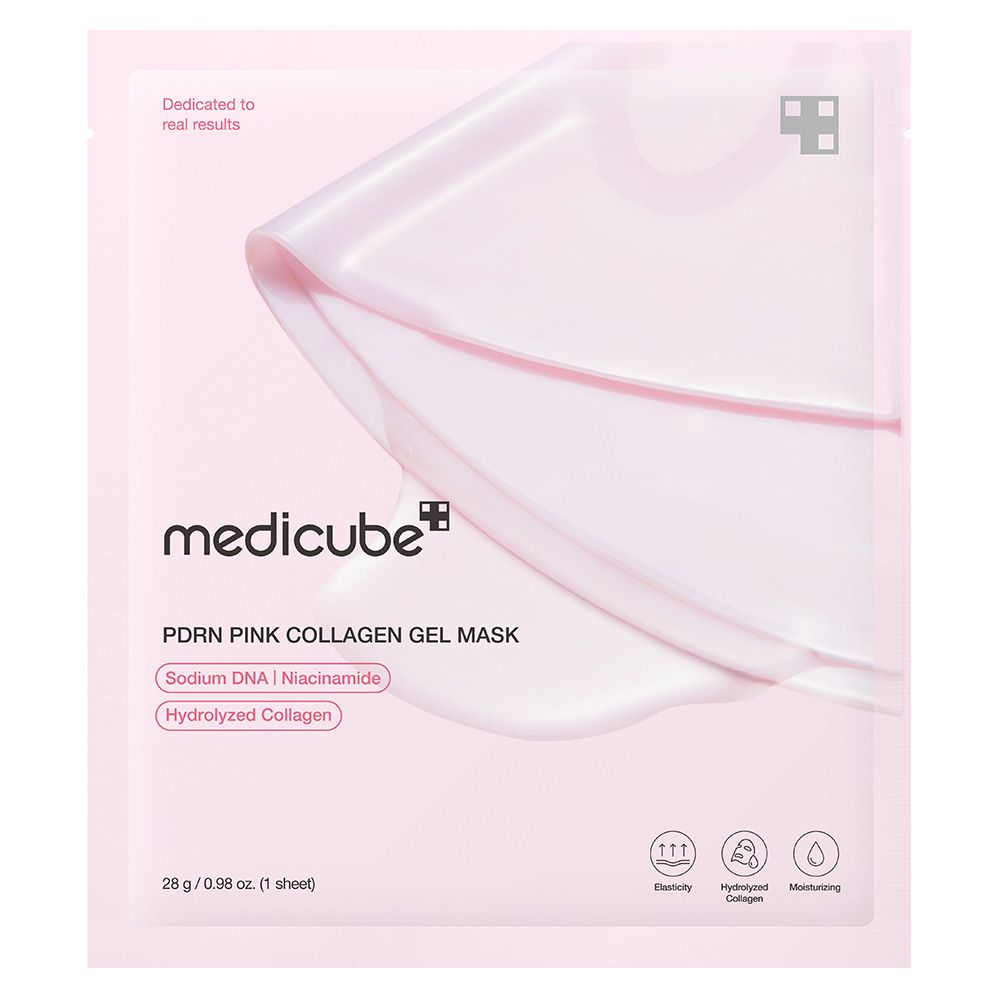 Verpackung einer Medicube PDRN Pink Collagen Gel Maske mit Sodium DNA, Niacinamid und hydrolysiertem Kollagen.