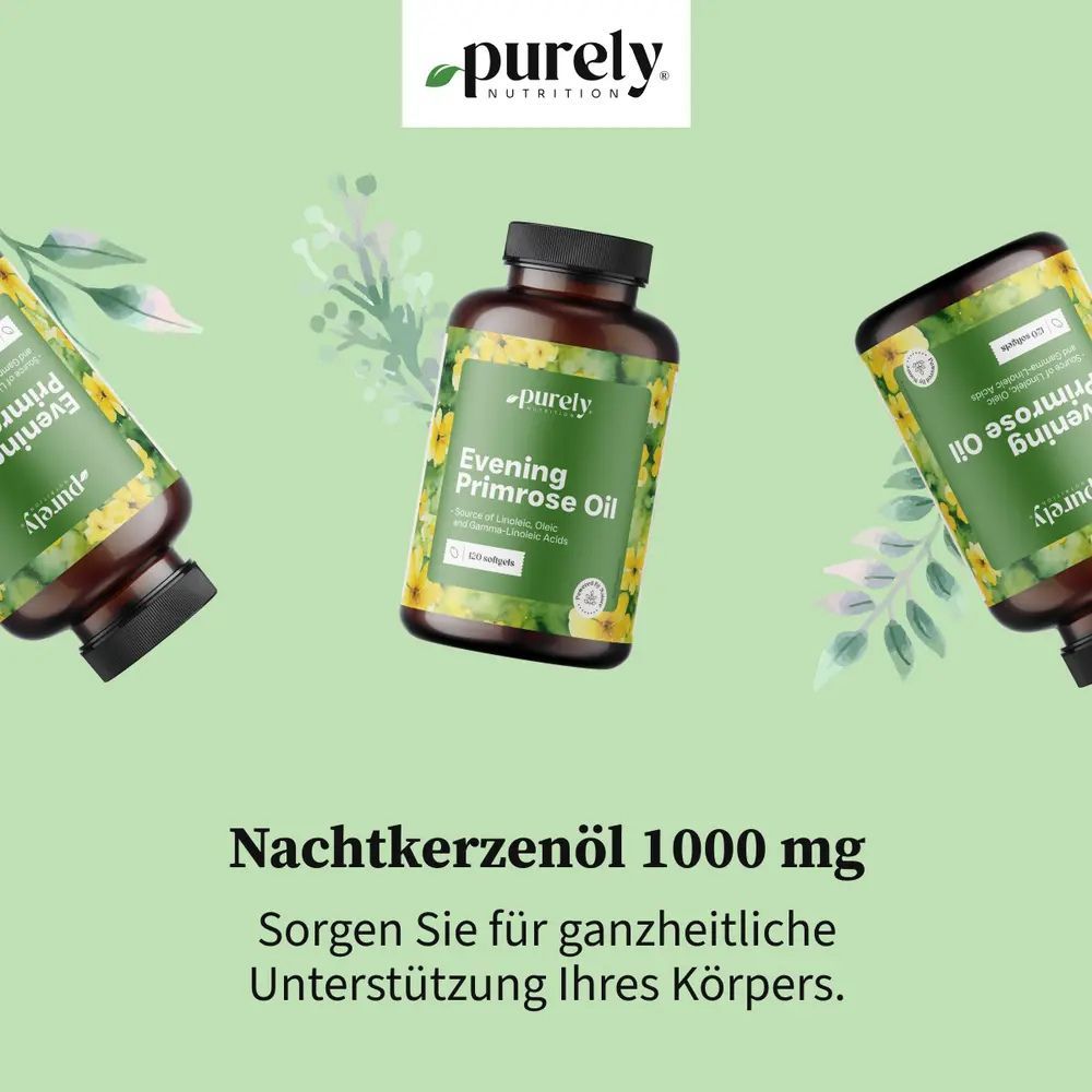 Drei Flaschen mit Nachtkerzenöl 1000 mg. Aufschrift: Nachtkerzenöl 1000 mg. Grüner Hintergrund.
