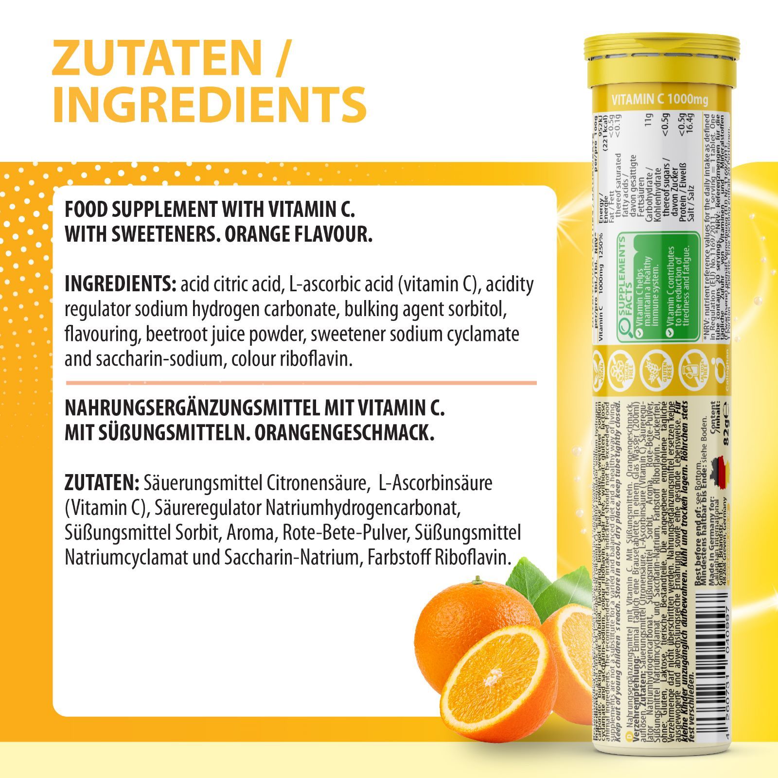 Detailansicht der gelben Tube EVÄM Vitamin C 1000mg Brausetabletten. Aufschrift: Vitamin C, 1000mg, Premium. Zutatenliste mit Orangen.