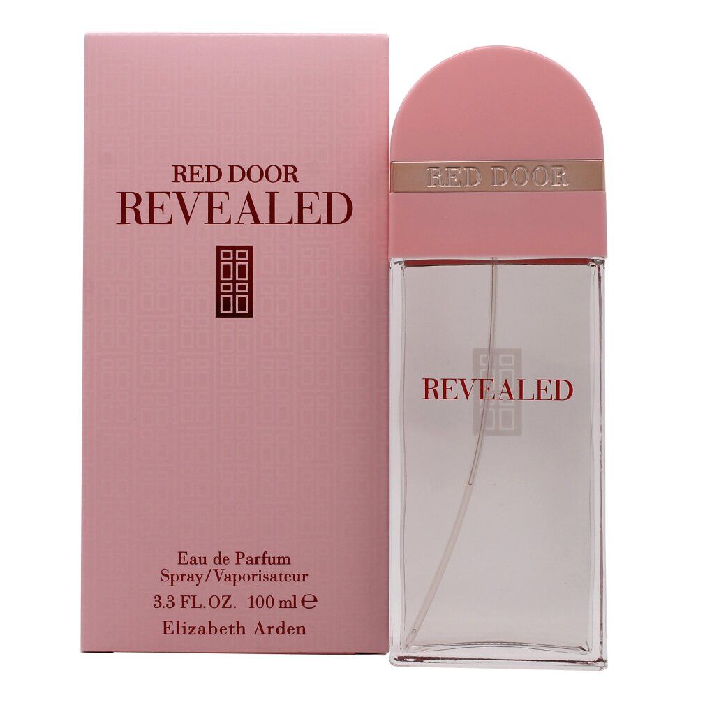 Rosa Flakon und Verpackung. Aufschrift: Red Door Revealed. Eau de Parfum Spray. Elizabeth Arden.
