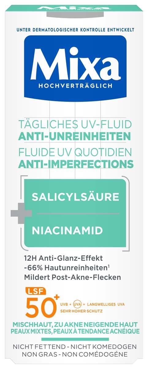 Verpackung von Mixa Tägliches UV Fluid LSF50+ Anti Unreinheiten. Enthält Salicylsäure und Niacinamid. Mit LSF 50+.