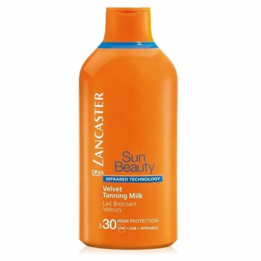 Orangefarbene Flasche mit blauer Linie. Text: Lancaster, Sun Beauty, Velvet Tanning Milk, SPF 30.