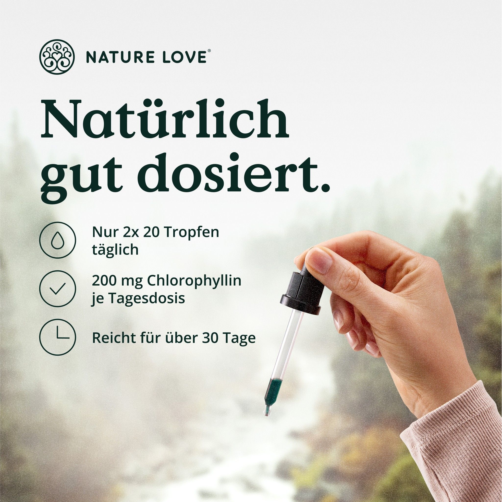 Hand hält Pipette mit grüner Flüssigkeit. Text: Nur 2x 20 Tropfen täglich, 200 mg Chlorophyllin je Tagesdosis, Reicht für über 30 Tage.