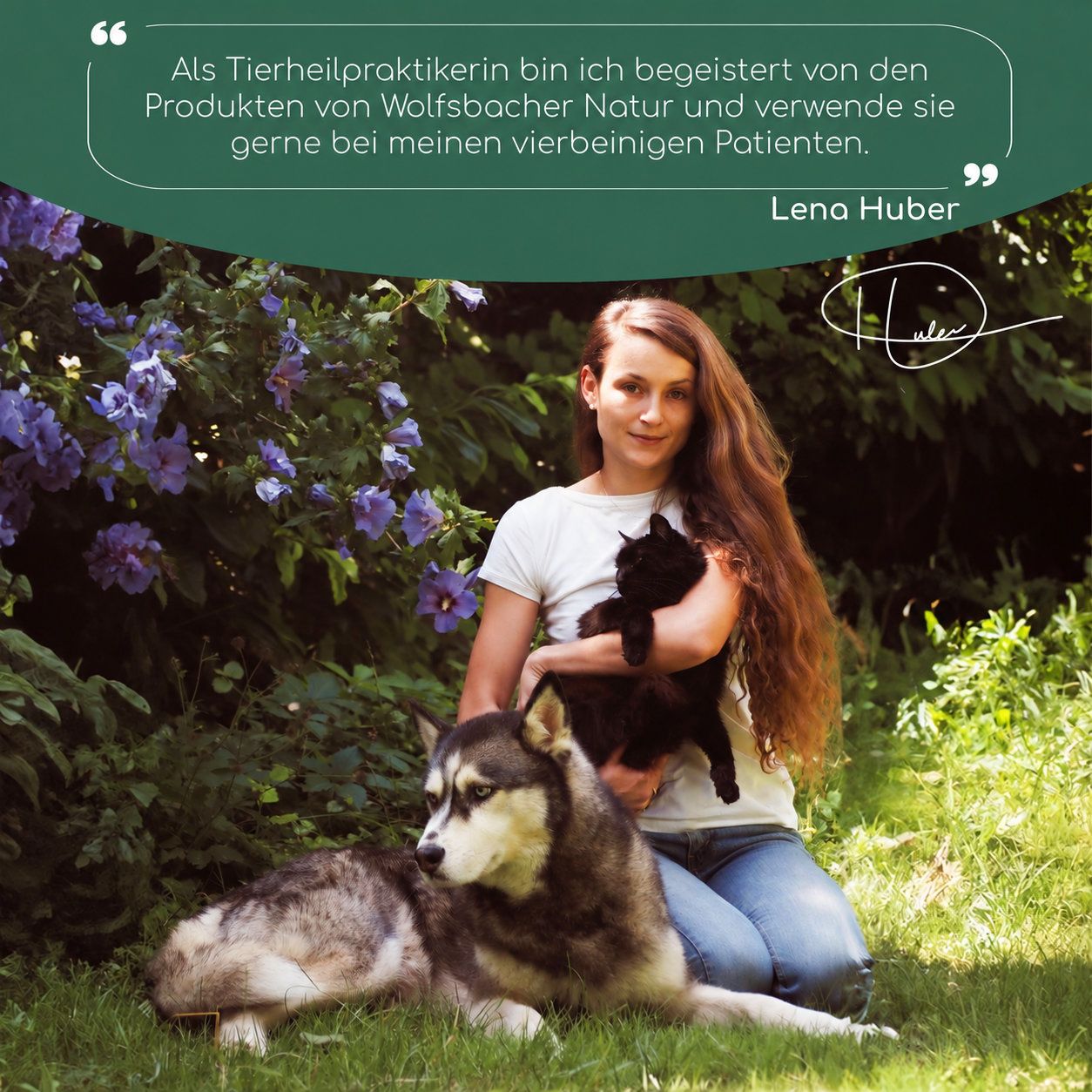 Tierheilpraktikerin Lena Huber mit Hund und Katze, empfiehlt Wolfsbacher Natur Produkte.