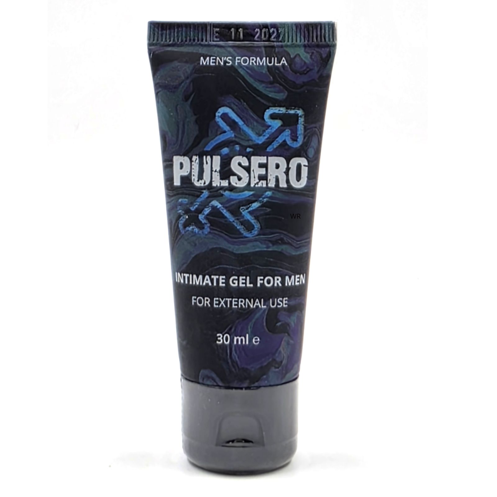 Tube mit "PULSERO"-Logo und Text "INTIMATE GEL FOR MEN". Schwarzer Deckel. Volumen: "30 ml e". Hintergrund: blau-schwarz marmoriert.