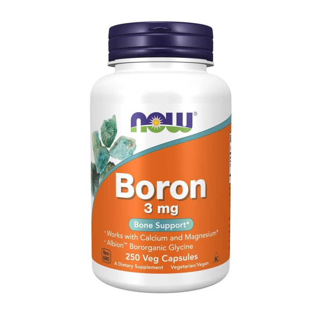 Weiße Flasche mit blauem Deckel. Aufschrift: Boron 3 mg, Knochenunterstützung. Enthält 250 Veg-Kapseln. Marke: NOW.