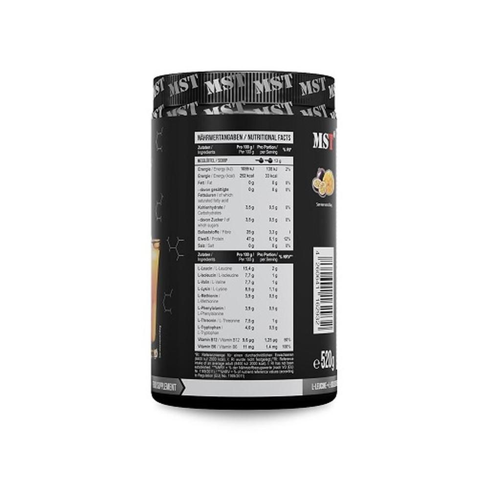 Schwarze Dose MST EAA BCAA, Rückseite mit Nährwertangaben. Enthält Zutaten, Nährwerte und Inhaltsstoffe.