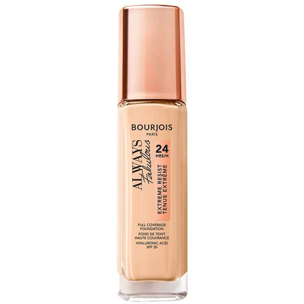 Foundation-Flakon mit roségoldfarbener Kappe. Aufschrift: Always Fabulous, 24H, Extreme Resist. Helle, cremefarbene Flüssigkeit.