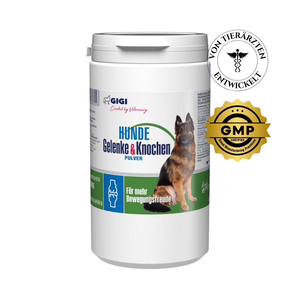 Weiße Dose mit Produktbezeichnung "Hunde Gelenke & Knochen Pulver". Siegel "Von Tierärzten entwickelt" und GMP-Zertifizierung.