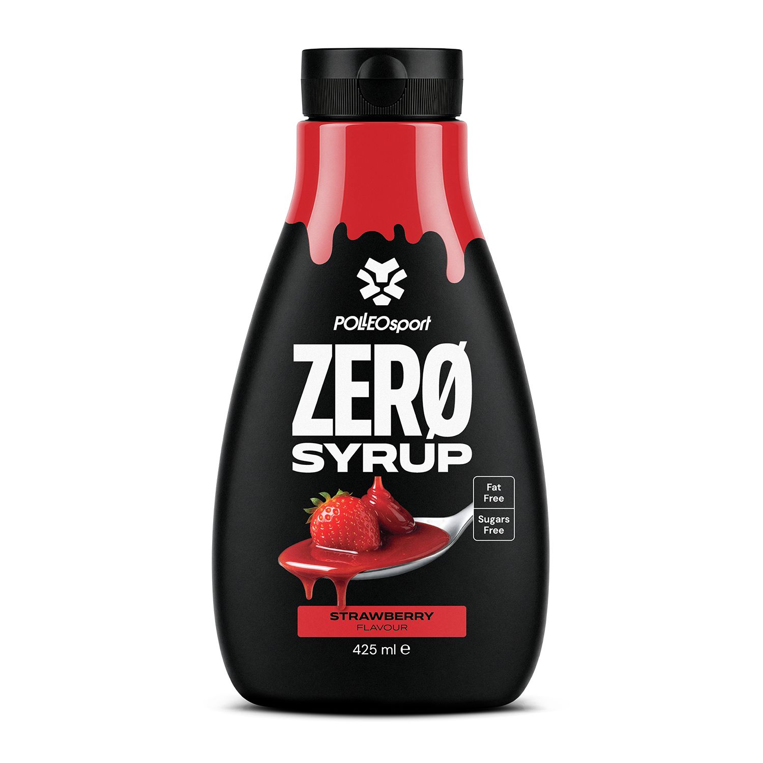 Schwarze Flasche Polleo Zero Sirup, Erdbeergeschmack. Fettfrei, zuckerfrei. 425 ml.