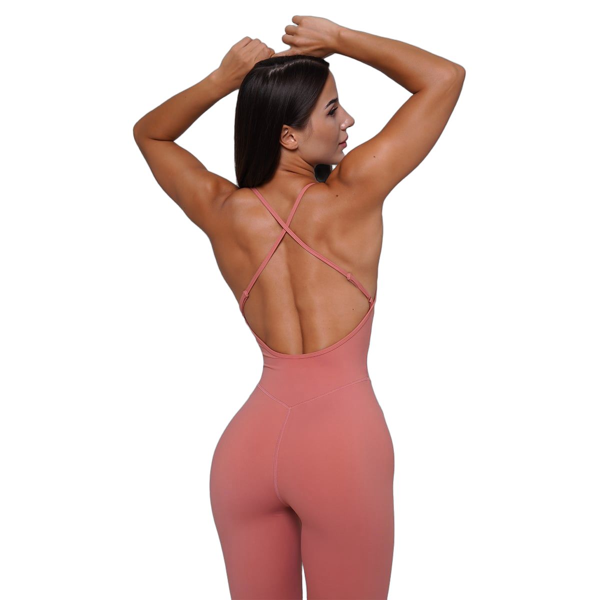 Eng anliegender, ärmelloser Damen-Jumpsuit in Lachsfarbe mit V-Ausschnitt und gekreuzten Trägern am Rücken.