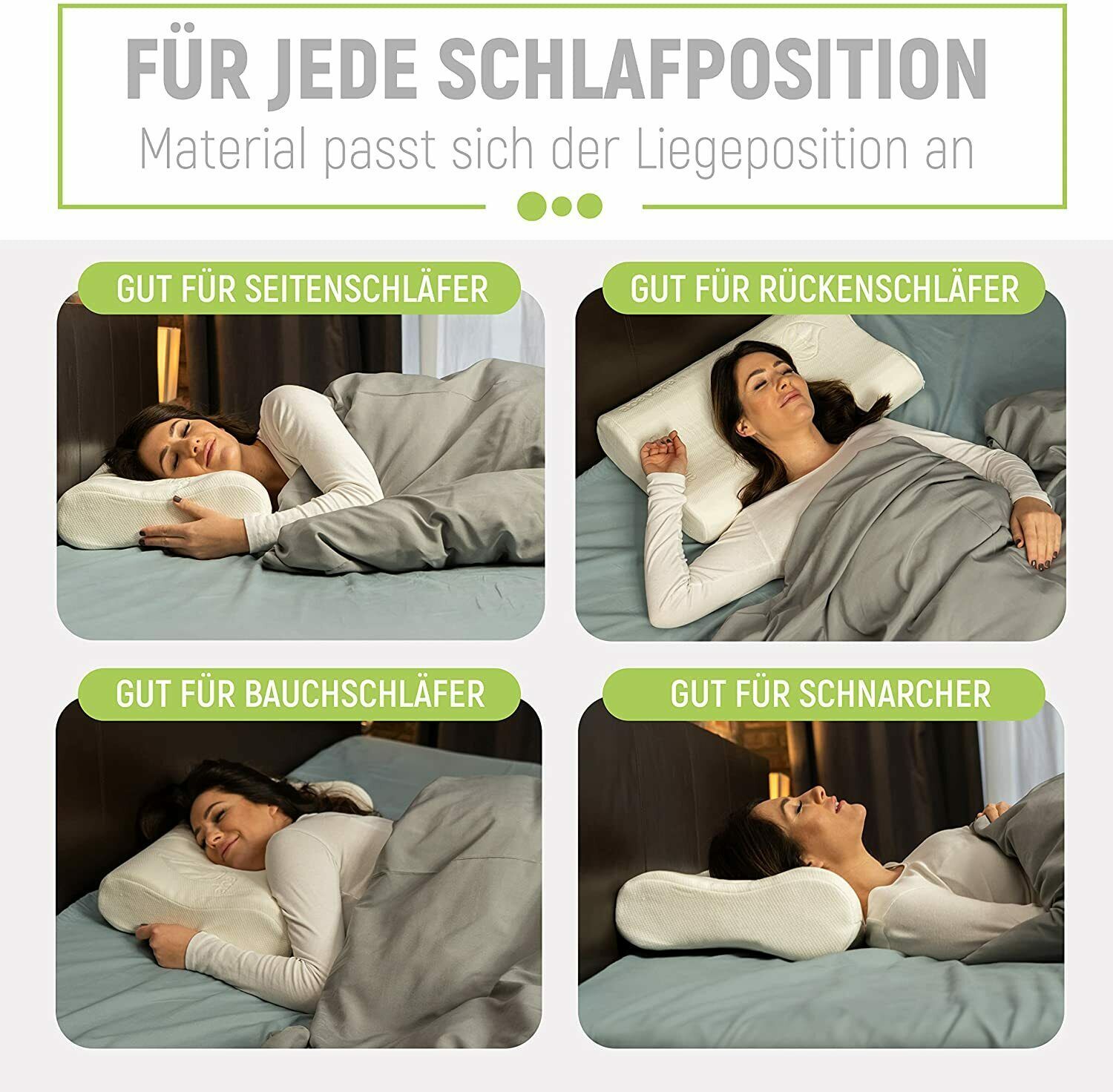 Grafik mit vier Schlafpositionen und Nackenkissen. Text: "FÜR JEDE SCHLAFPOSITION".