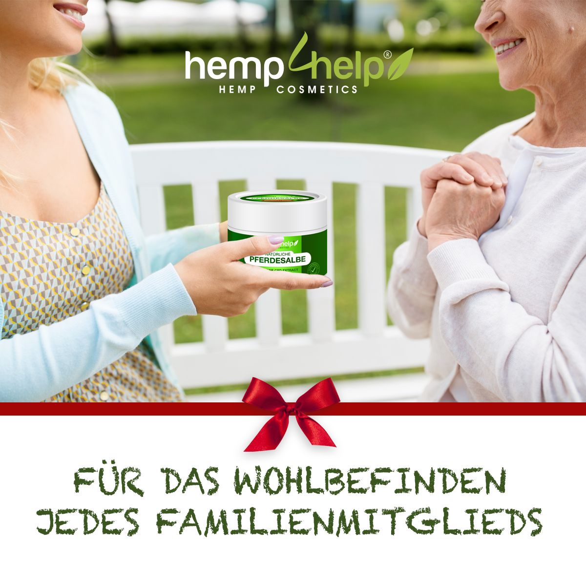 Zwei Personen mit Produkt. Weißes Tiegel mit grünem Etikett. Text: NATÜRLICHE PFERDESALBE, 200ml. Logo: hemp4help. Roter Bogen.