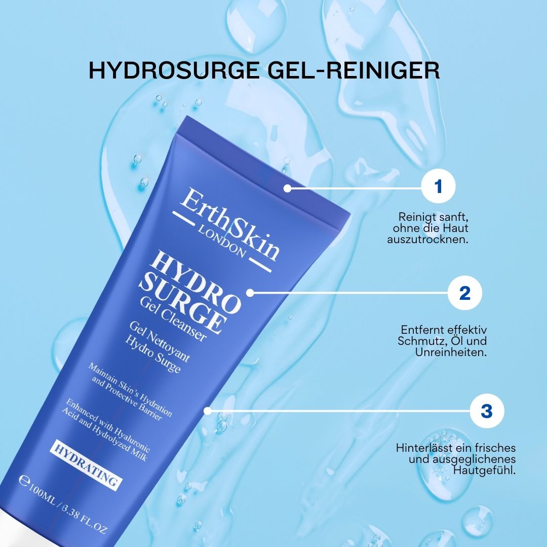 Blaue Tube HYDROSURGE Gel-Reiniger. Text: ErthSkin London, HYDROSURGE Gel Cleanser. 3 Vorteile: sanfte Reinigung, entfernt Schmutz, frisches Hautgefühl.
