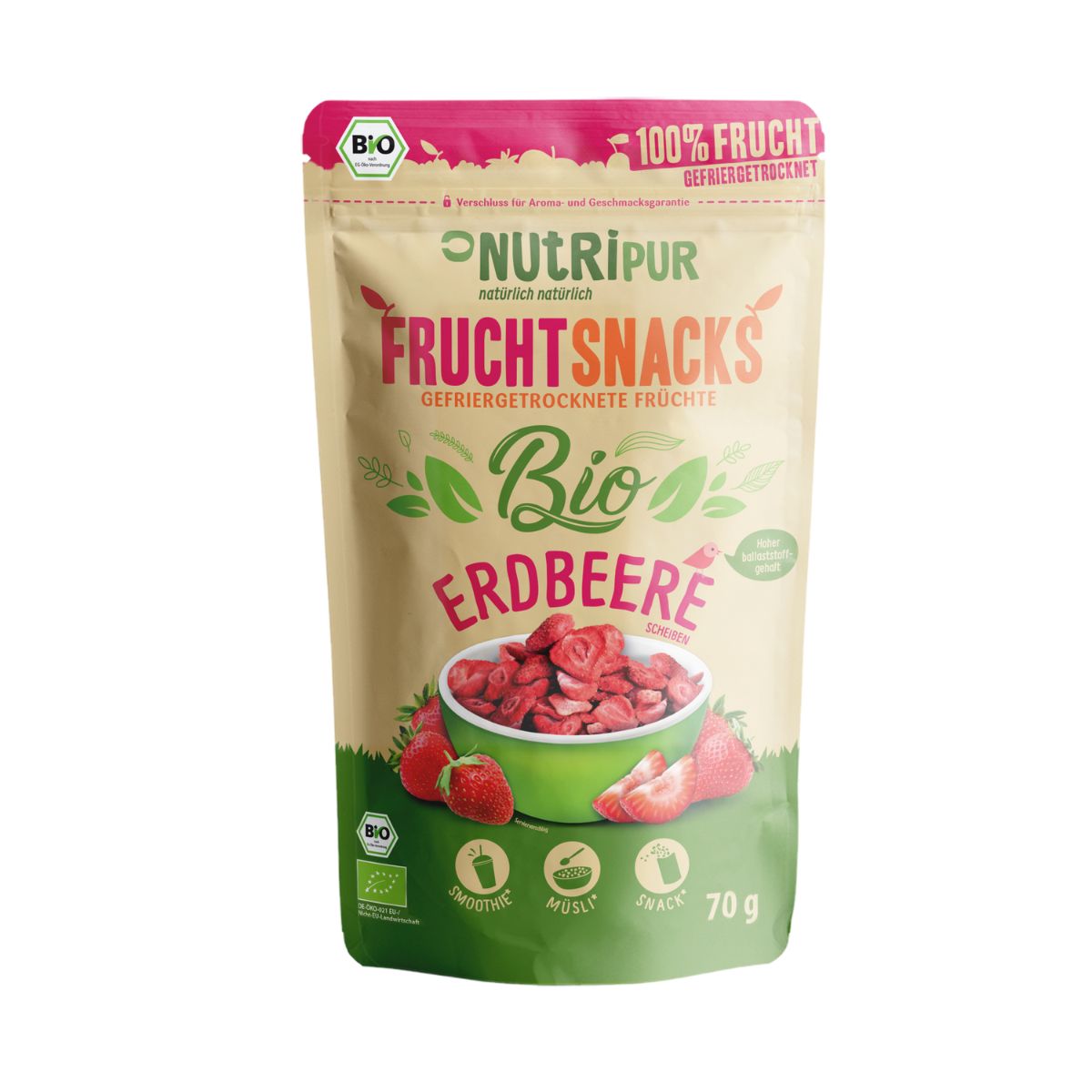 Beutel mit gefriergetrockneten Erdbeeren. Aufschrift: NutriPur, Bio Erdbeere, Fruchtsnacks. Bio-Siegel.