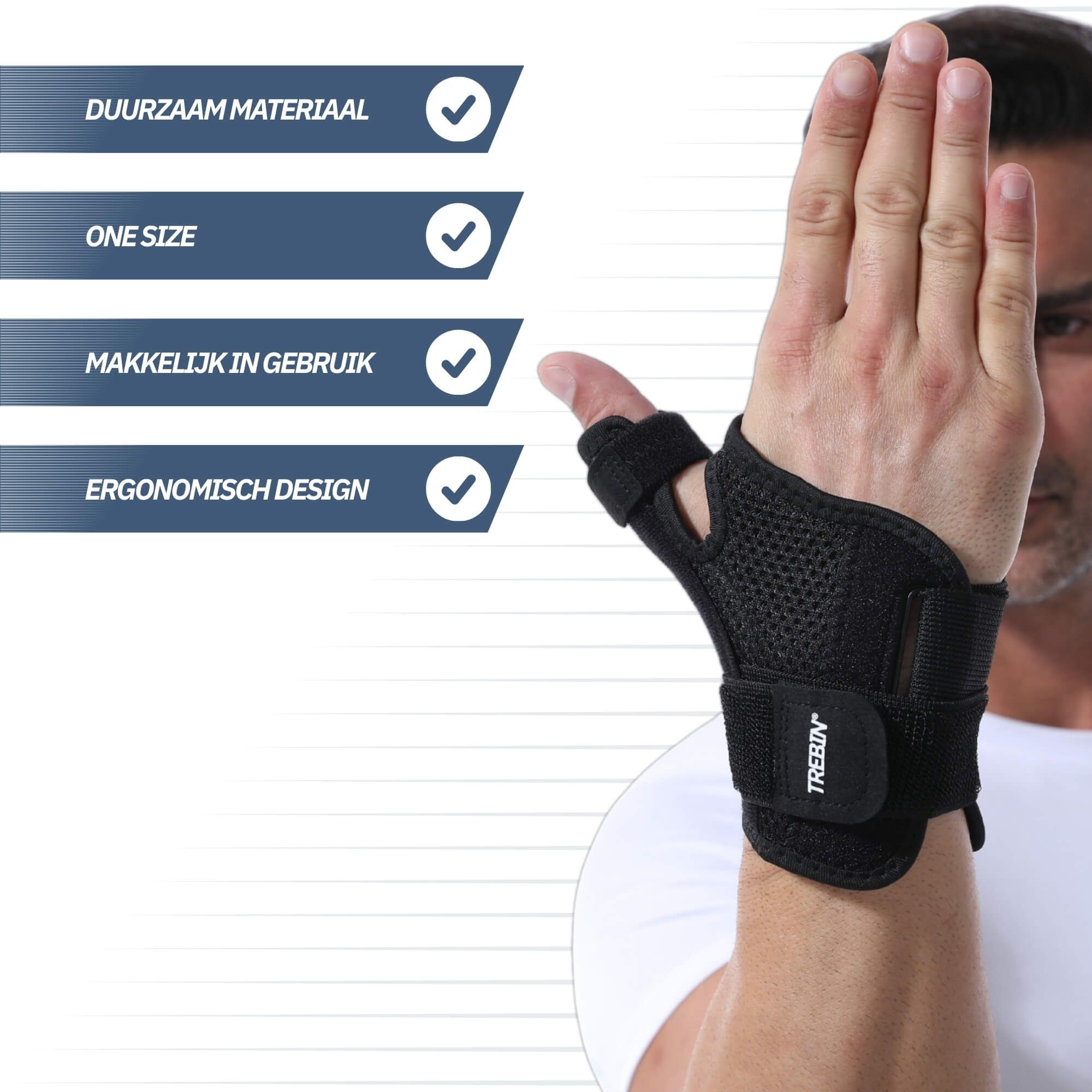 Schwarze Handgelenkbandage mit Daumenstütze, verstellbare Klettverschlüsse.