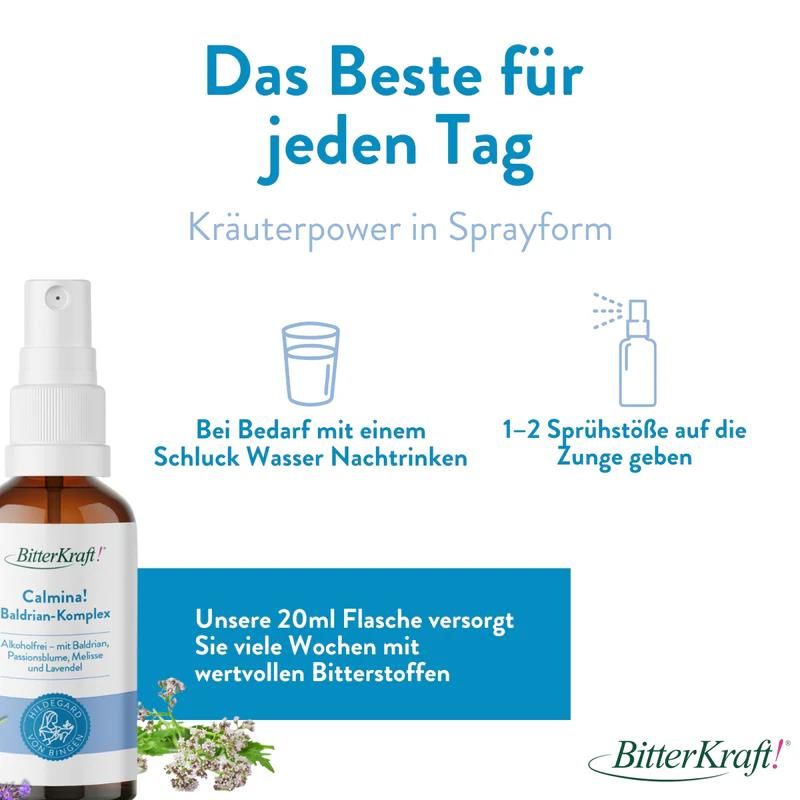 Produkt mit Flasche und Anwendungsbeispielen. Text: Kräuterpower in Sprayform. Anwendung: 1-2 Sprühstöße auf die Zunge. BitterKraft! Logo.