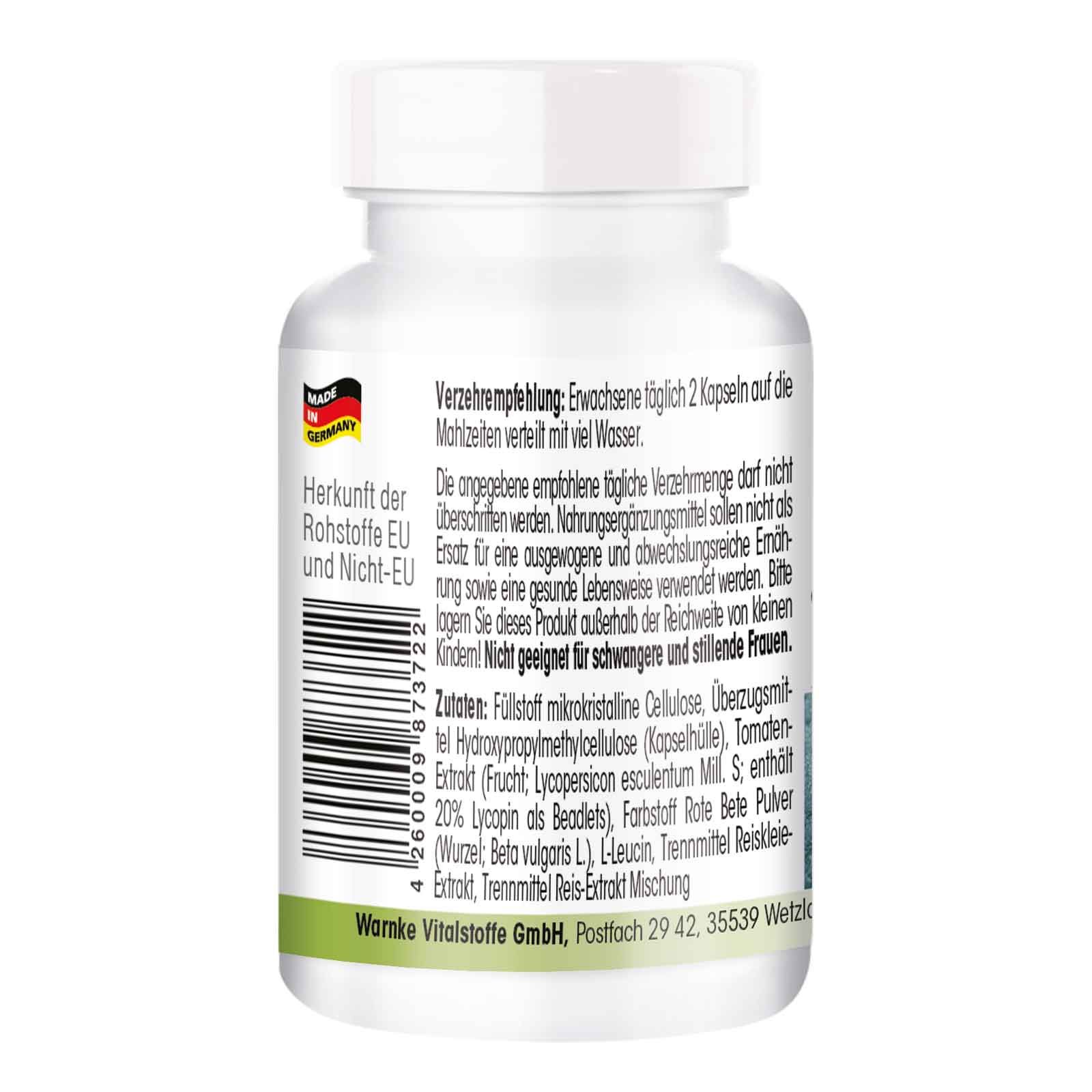 Rückseite der weißen Flasche. Text: Warnke Vitalstoffe. Zutatenliste, Verzehrempfehlung, Warnhinweise. Hergestellt in Deutschland. Barcode.