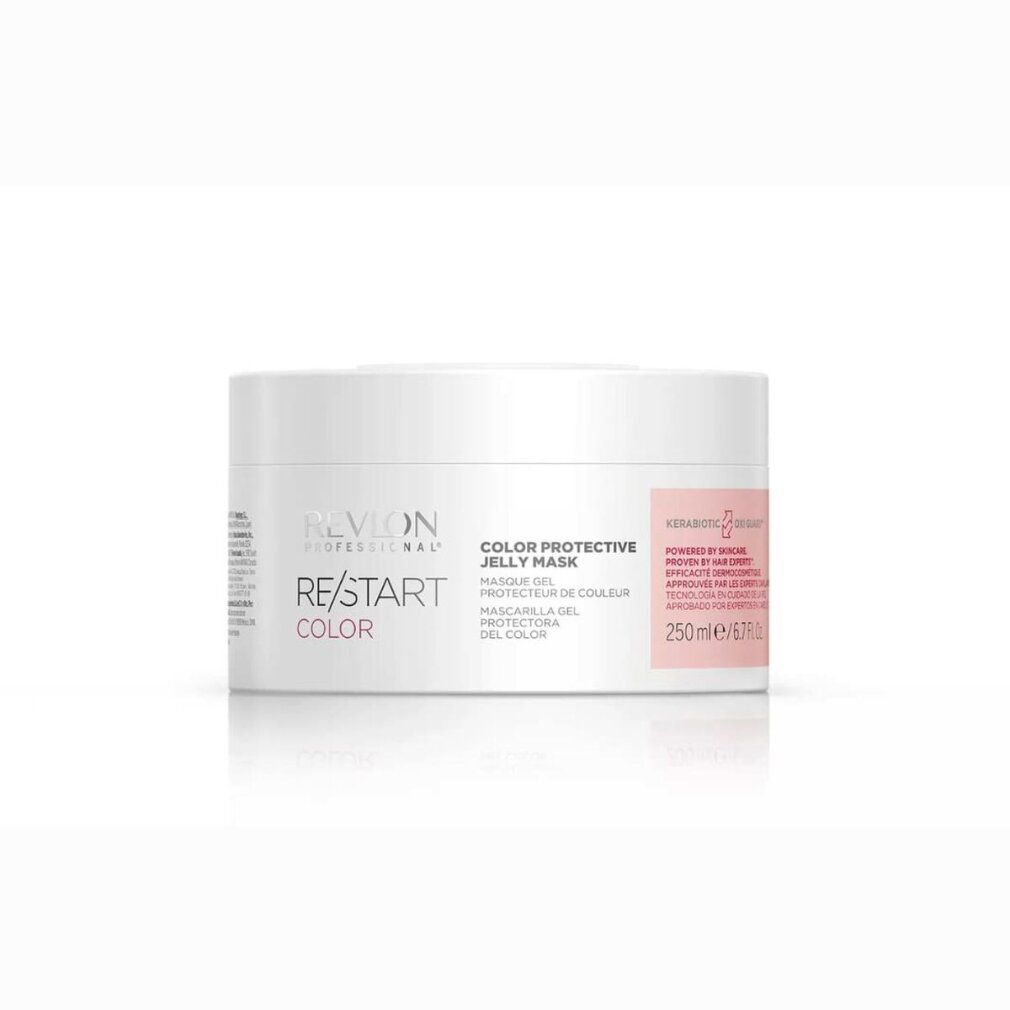 Weißer Tiegel mit Produktbeschriftung. Aufschrift: Revlon, Re/Start Color, Color Protective Jelly Mask. Rosa Etikett mit Text und Logo.