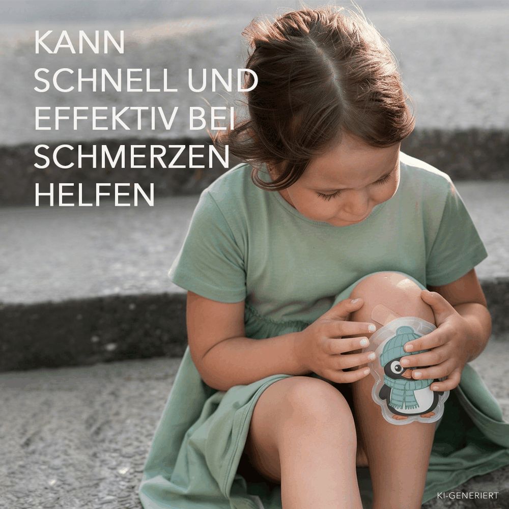 Kind wendet Pinguin-Kalt-Warm-Kompresse auf Knie an. Text: Hilft schnell und effektiv bei Schmerzen.