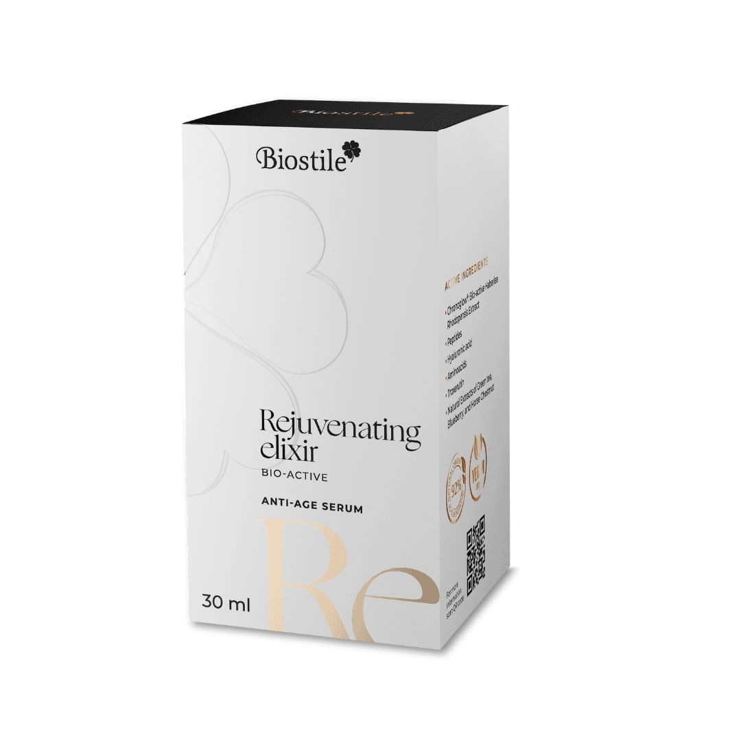 Verpackung des Biostile Rejuvenating Elixir Serums, 30 ml, mit Produktinformationen.