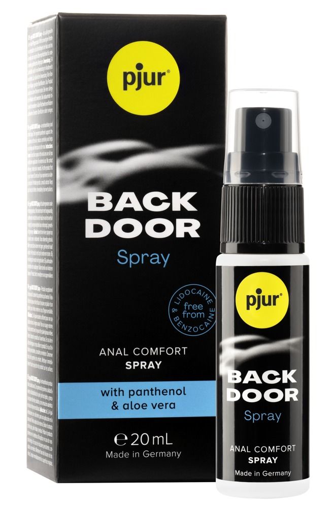 Pjur Back Door Spray, Flasche und Verpackung. Schwarze Flasche mit Sprühkopf, gelbem Logo. Verpackung mit Produktnamen und Inhaltsstoffen.