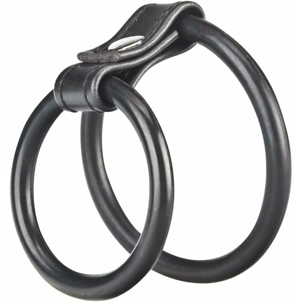 Doppelring, schwarz, mit Lederverbindung. Zwei Ringe unterschiedlicher Größe, verbunden durch einen Lederriemen.