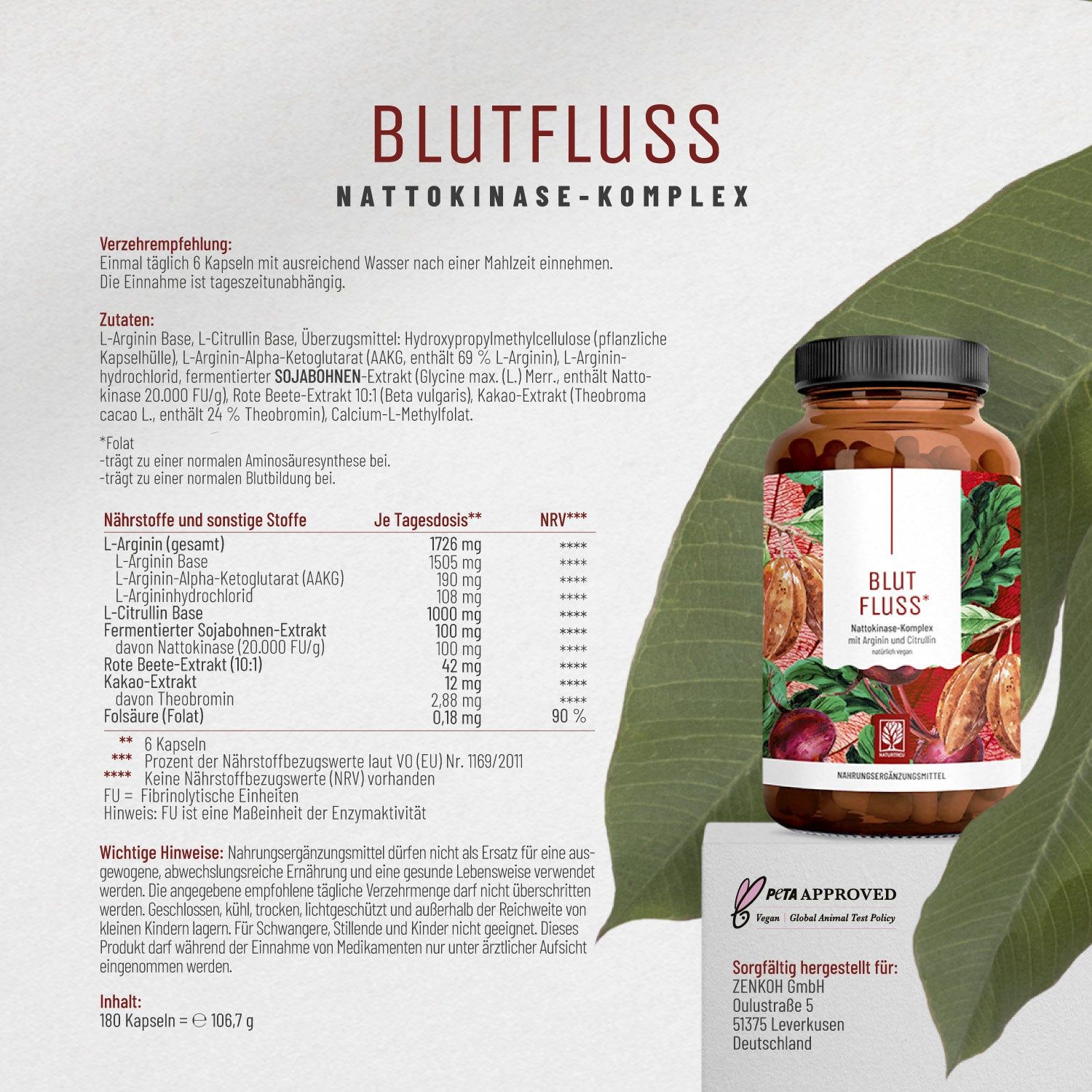 Braune Flasche mit Produktaufdruck BLUTFLUSS*. Text: Nattokinase-Komplex. Zutatenliste, Nährwerttabelle. PETA APPROVED.