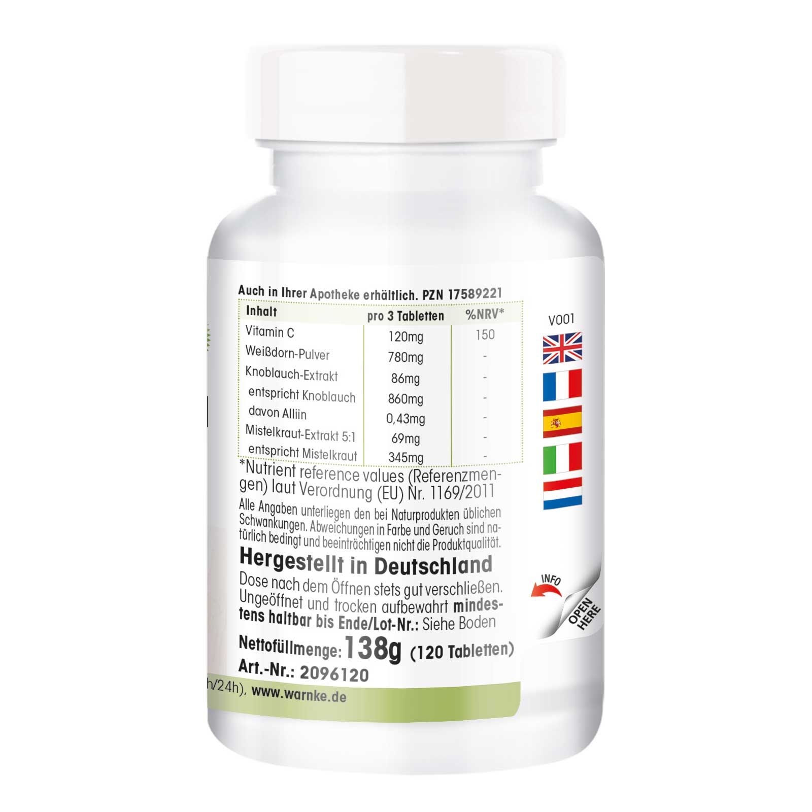 Rückseite des Tablettenfläschchens. Text: Inhalt, Nährwertangaben, Hergestellt in Deutschland, Nettogewicht 138g (120 Tabletten).