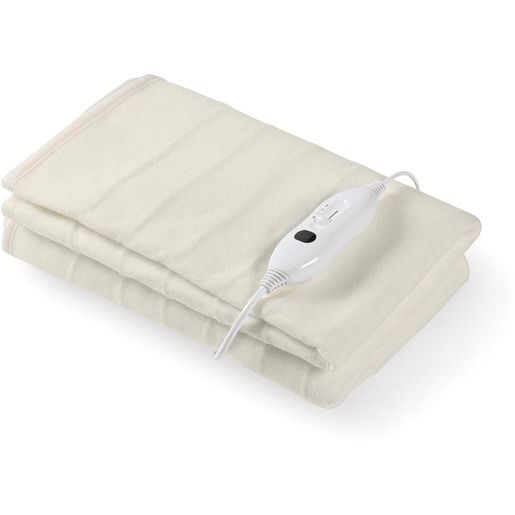 Beige elektrische Heizdecke, gefaltet. Mit Bedienungselement und Kabel.