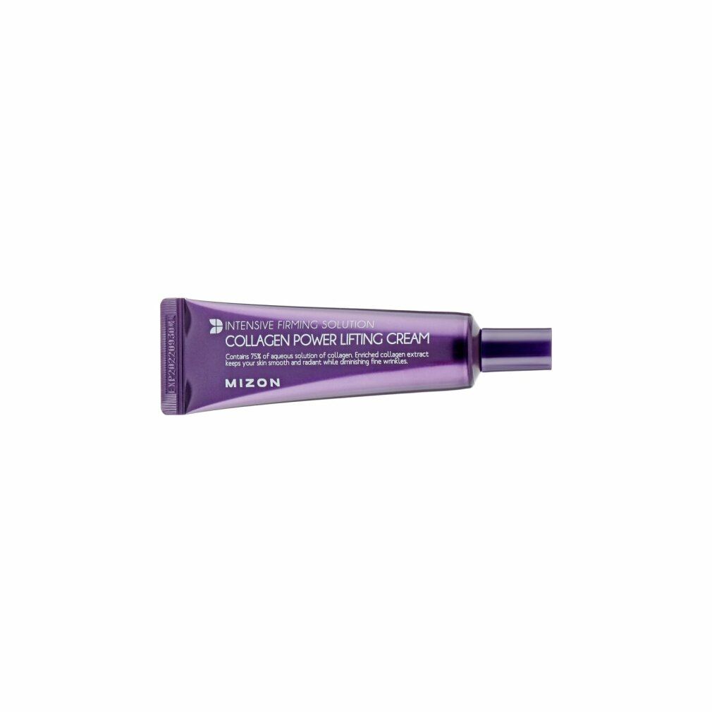 Lila Tube mit Produktbeschriftung. Aufschrift: Collagen Power Lifting Cream. Marke: Mizon.
