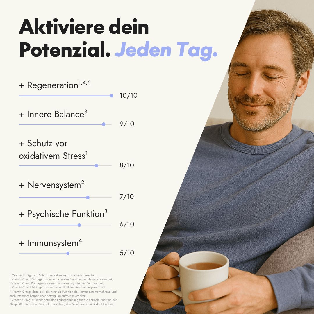 Ein Mann hält eine Tasse Tee. Text: Aktiviere dein Potenzial. Jeden Tag. Werte für Regeneration, innere Balance, Schutz vor oxidativem Stress.