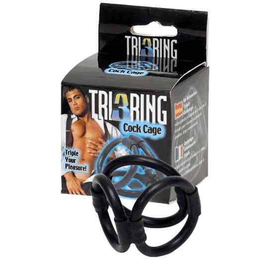 Schwarzer Tri Ring Cock Cage. Produktverpackung mit Produktname und Abbildung eines Mannes.