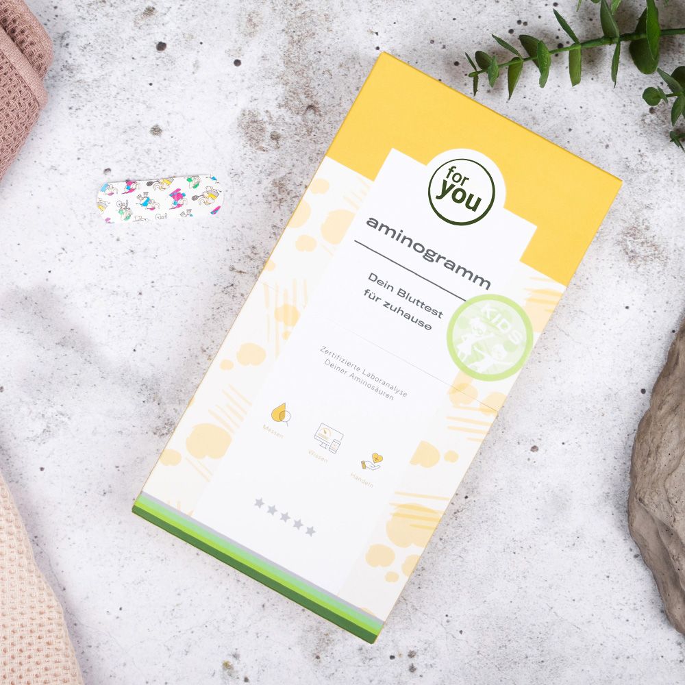 Verpackung für einen "for you" Aminogramm Test für zuhause, speziell für Kinder.