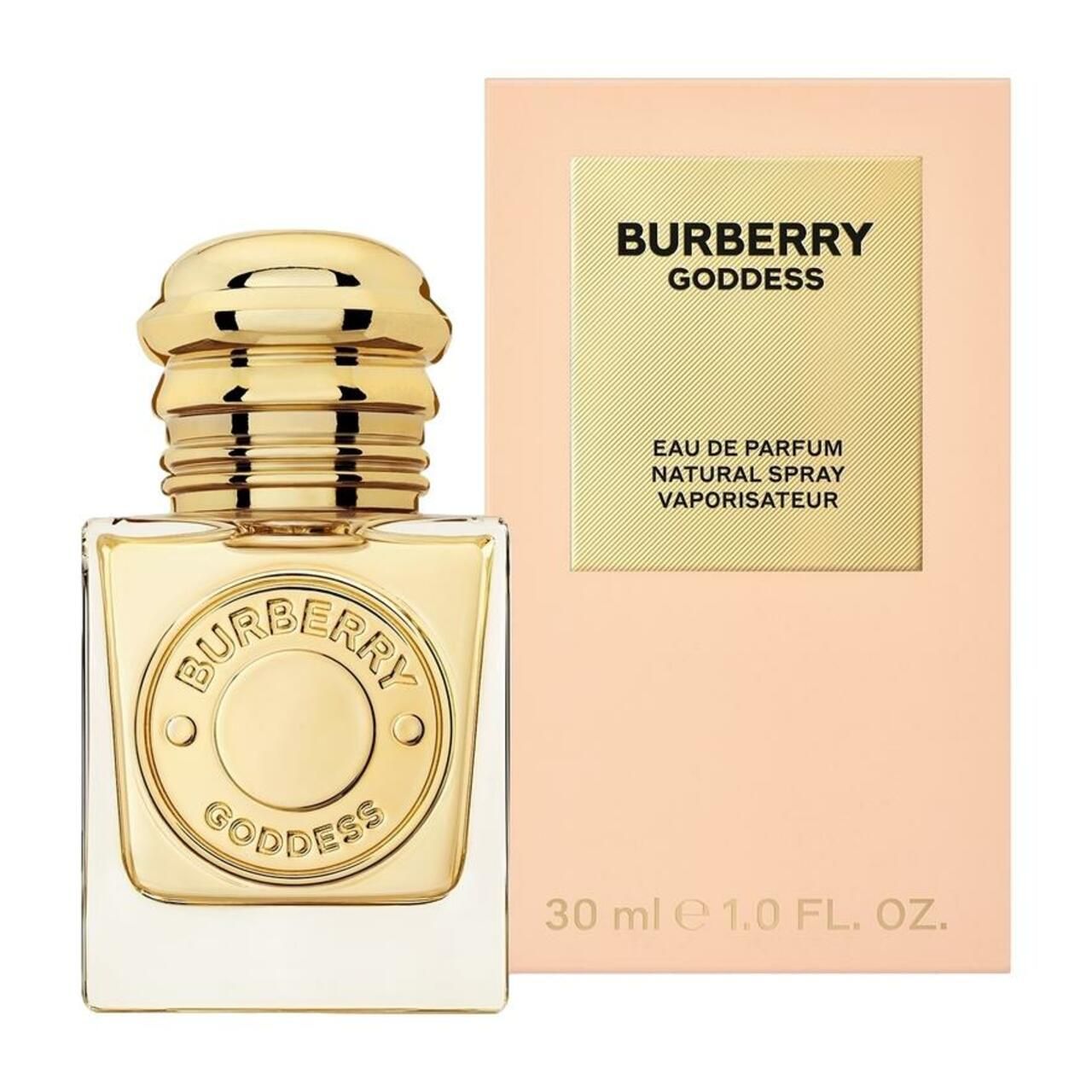Flakon und Verpackung. Flakon goldfarben, Verpackung rosa. Text: Burberry Goddess, Eau de Parfum, Natural Spray.