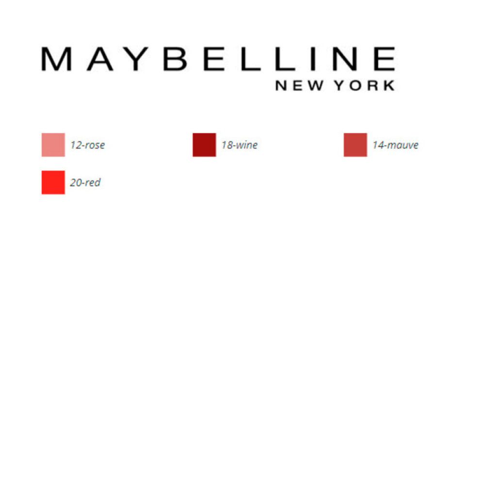 Maybelline Farbauswahl: 18 Wine, 12 Rose, 14 Mauve, 20 Red.