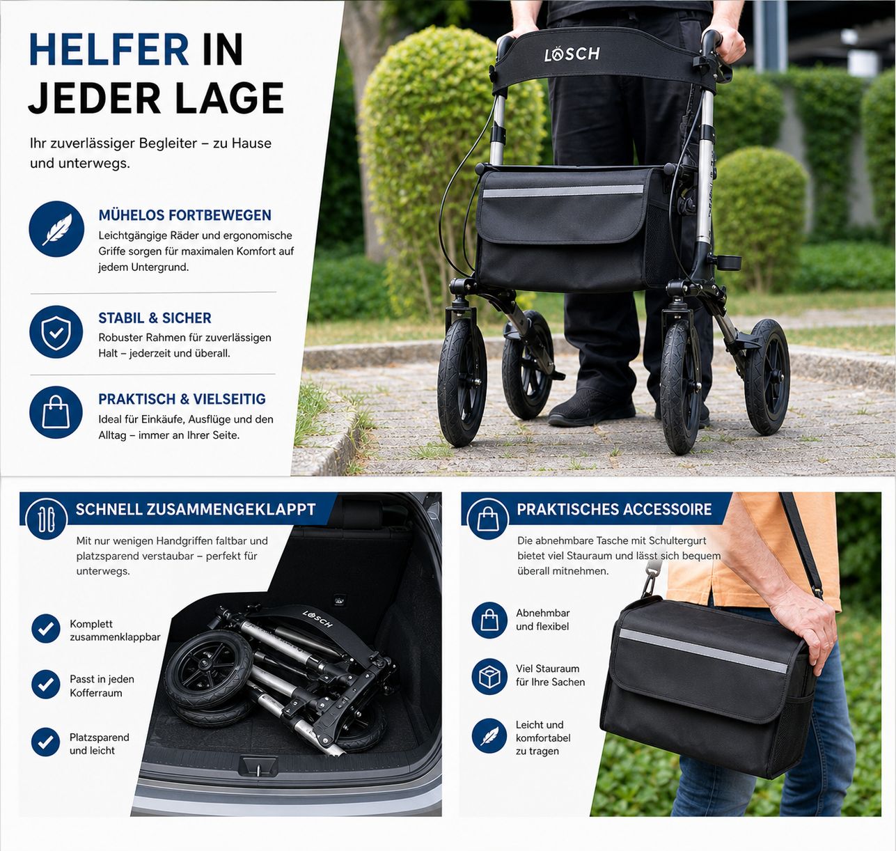 Rollator mit Luftbereifung. Robuster Rahmen, ergonomische Griffe, praktische Tasche. Zusammengeklappt im Kofferraum.