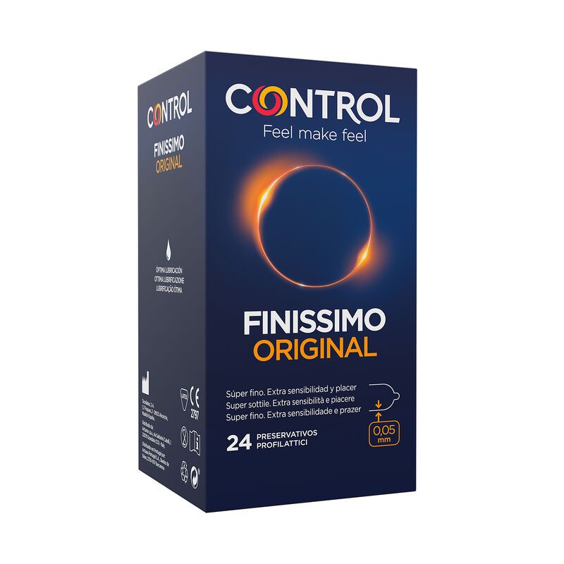 Kondom-Verpackung. Marke CONTROL, Produkt FINISSIMO ORIGINAL. Blaue Schachtel mit orangefarbenem Kreis. Enthält 24 Kondome.