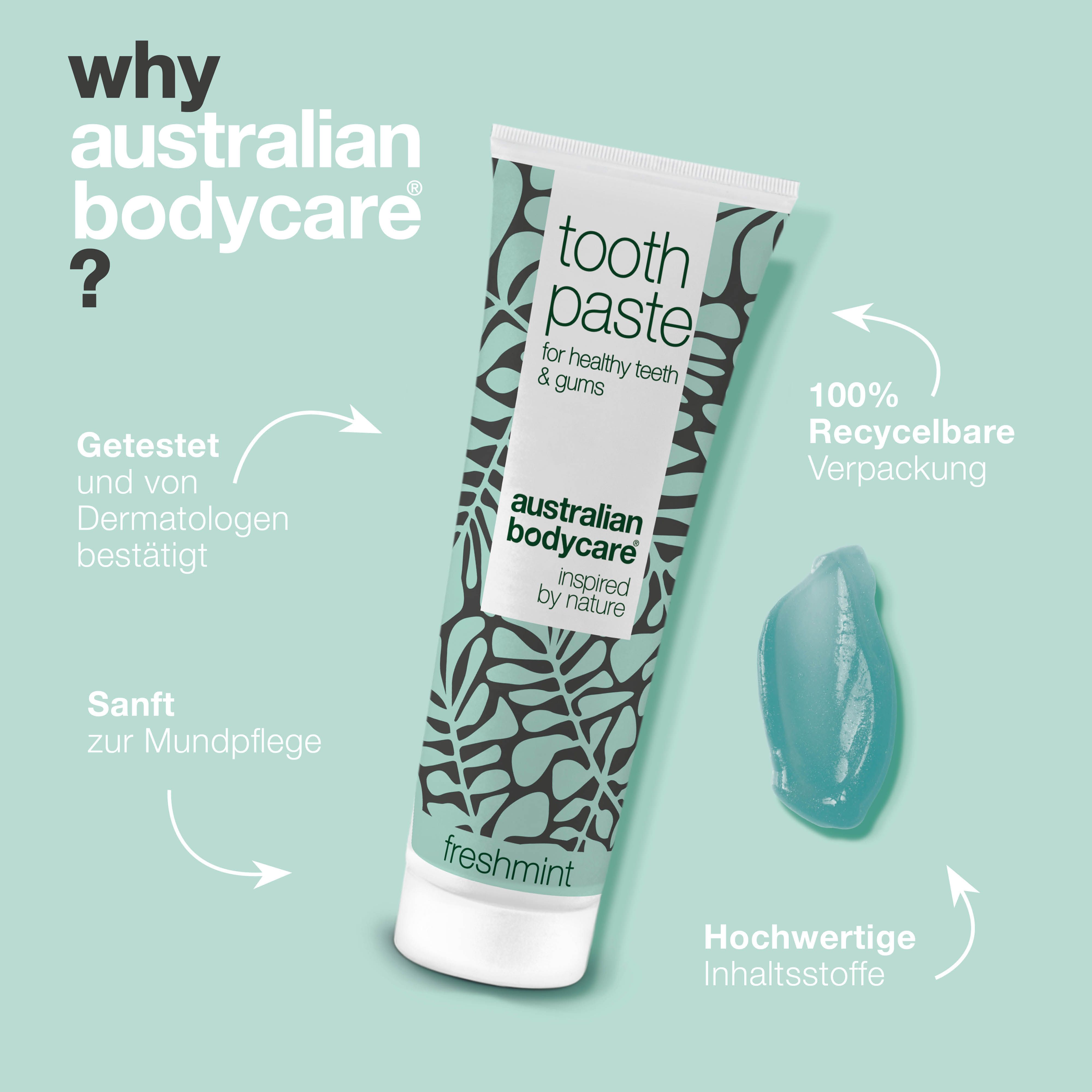 Zahnpasta-Tube und Zahnpasta-Klecks. Aufschrift: Toothpaste, Australian Bodycare, Freshmint. Vorteile.