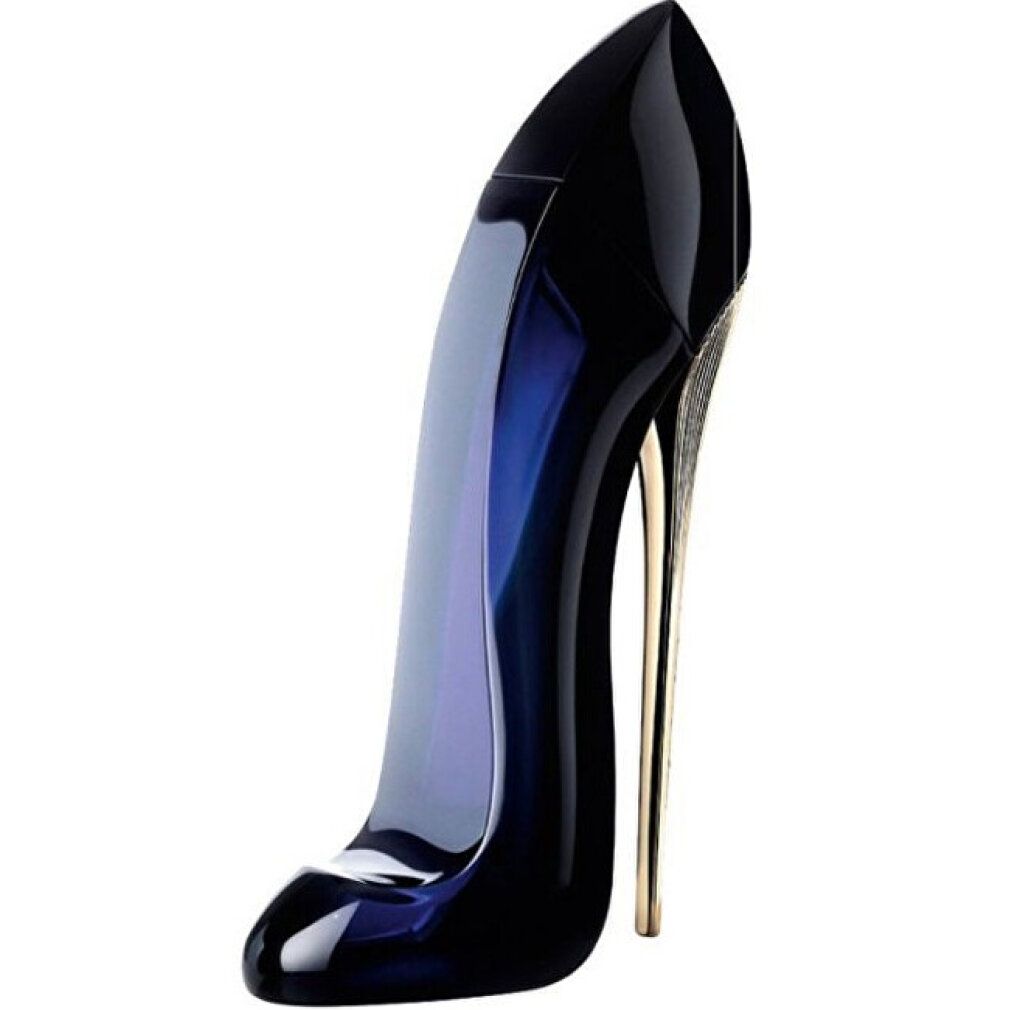 Schwarzer Flakon in High-Heel-Form mit goldenem Absatz. Helle blaue Flüssigkeit sichtbar.